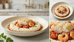 Riso con merluzzo e gamberetti: il piatto unico veloce con sughetto di pomodorini